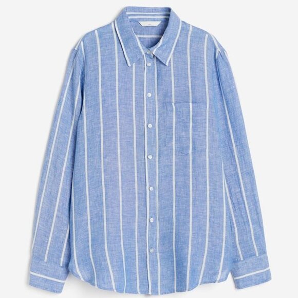 H&M Blue & White Striped Long Sleeve Button Down 100% Linen Shirt - Picture 1 of 4